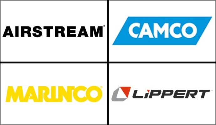 Collage of Airstream, Camco, Marinco and Lippert logo