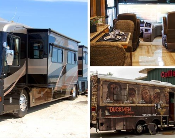 Collage of luxury and themed motor-homes and modern RV