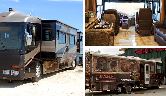 Collage of luxury and themed motorhomes and modern RV