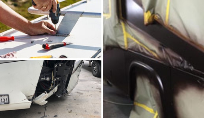 Collage of RV roof repairing, damaged RV and RV painting service