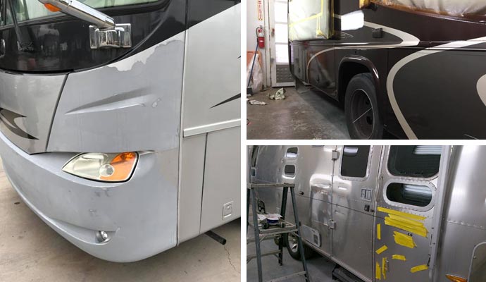 Collage of motorhome and trailer exterior body repair and paint work