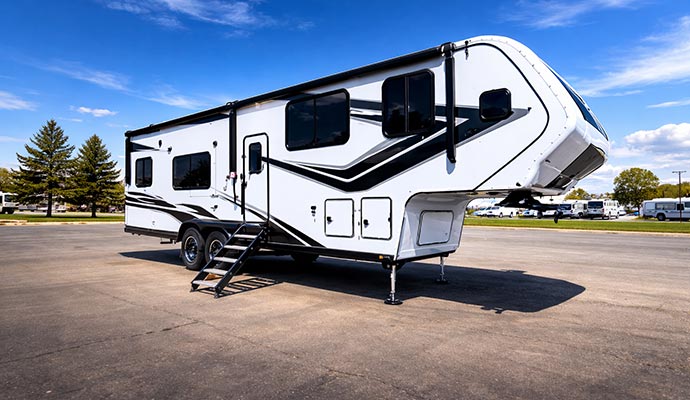 Large white  RV trailer parked on paved lot under blue sky