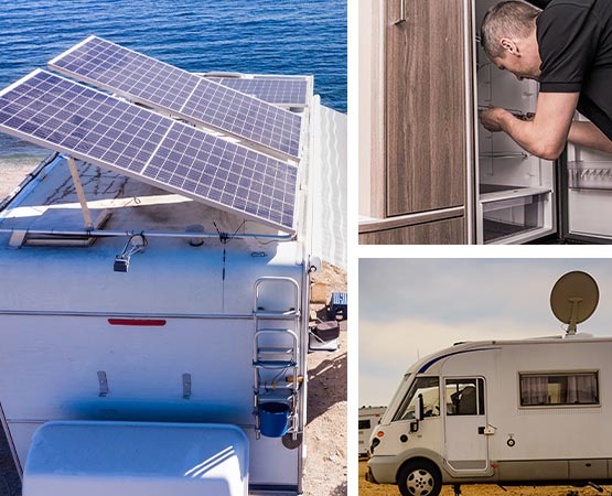 Repairing solar power refrigerator under satellite.